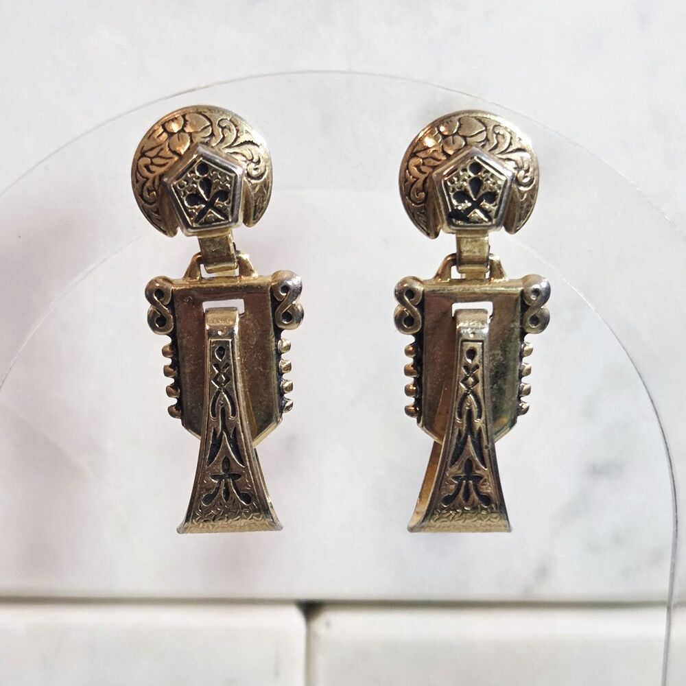 Victorian Etruscan Revival Dangle Drop Earrings Enamel Approx 1in Door Knockers